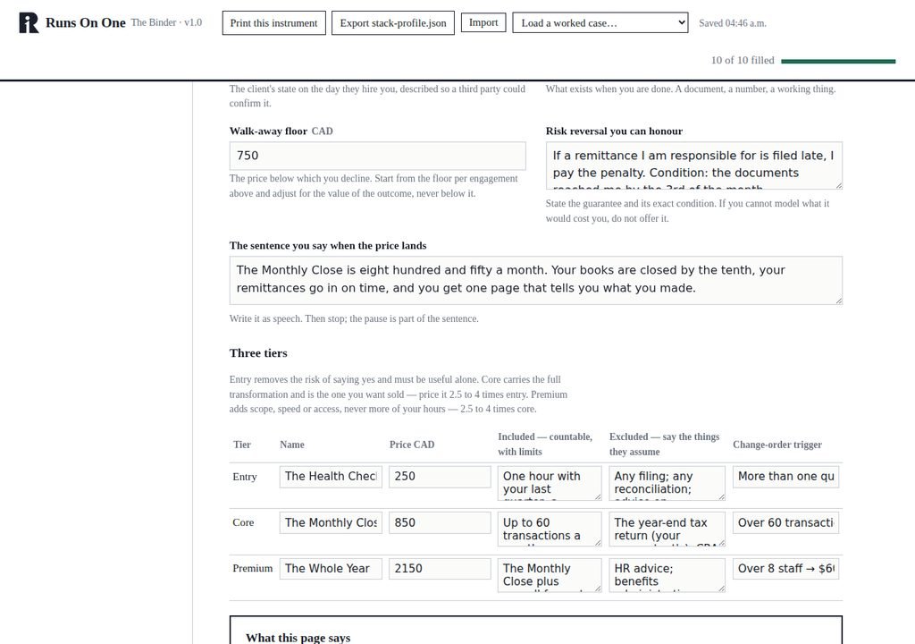The offer page reading the floor and the top pains from earlier pages, and checking the tier ratios