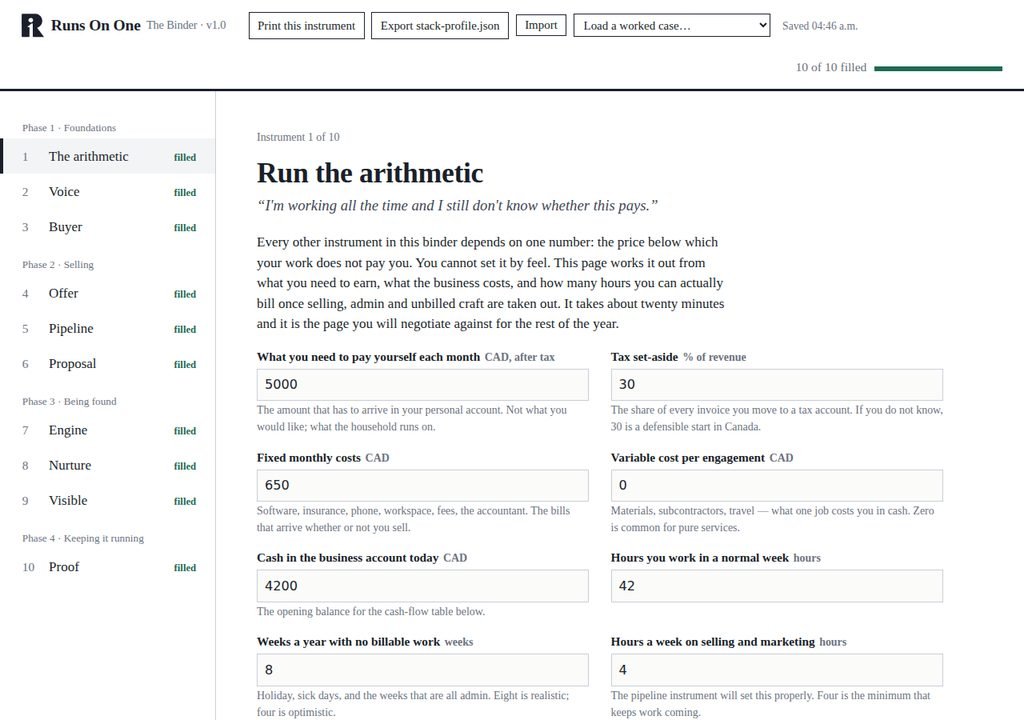 The Binder open at the arithmetic page, with the ten instruments listed down the left and the service business loaded